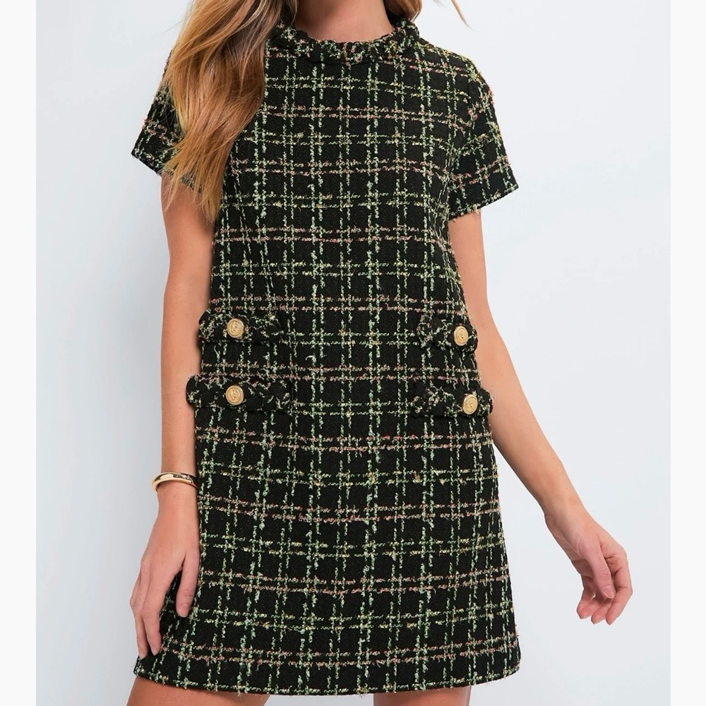 NWT Tuckernuck Jackie Dress Short Sleeve Black Holly Tinsel Tweed Party Metallic